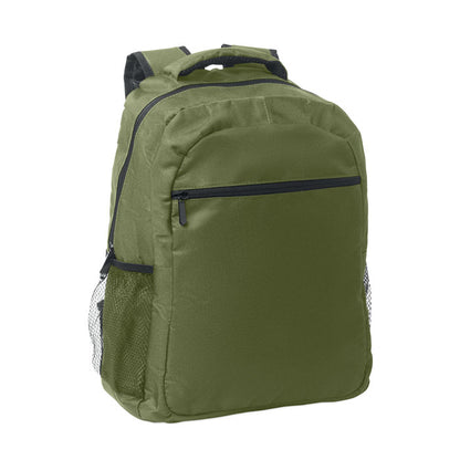 Mochila para portátil de poliéster RPET verde con bolsillos de malla a ambos lados y bolsillo frontal con cremallera