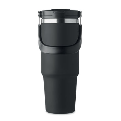 Asa de transporte plegada sobre vaso negro de acero inoxidable de viaje
