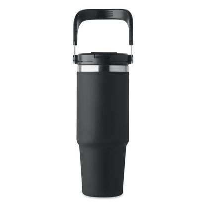 Vaso de viaje negro de acero con asa de transporte