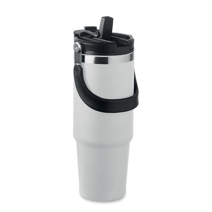 Vaso blanco de acero inoxidable con tapa, pajita y asa de transporte