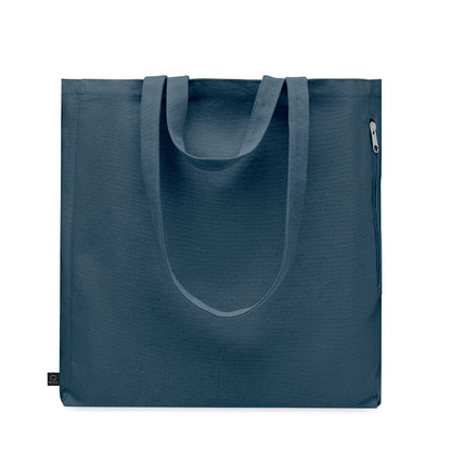 Bolsa de algodón azul marino con bolsillo lateral con cremallera y asas largas y cortas
