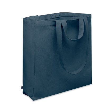 Bolsa de algodón para playa o compras con fuelle y asas largas y cortas. Color azul marino