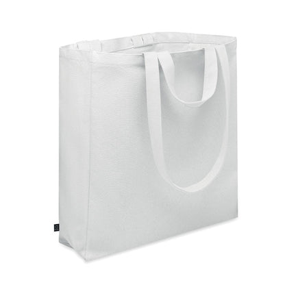 Bolsa de algodón blanca con bolsillo lateral con cremallera y asas largas y cortas