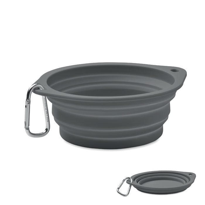 Comedero portátil de silicona gris piedra con mosquetón, apto para mascotas, plegable y de 350 ml.