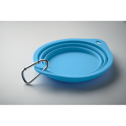 Comedero de mascotas de silicona azul plegado