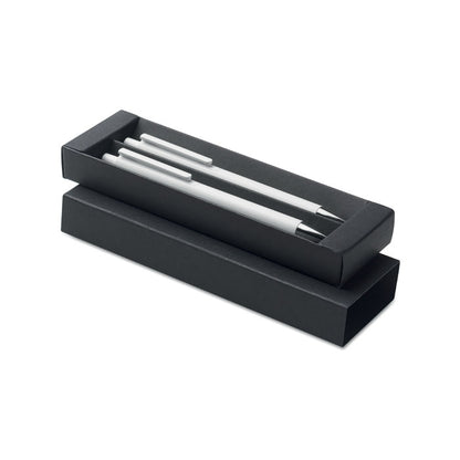  Set de bolígrafos blancos en estuche negro vista lateral