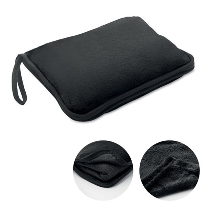 Set 2 en 1 de manta y/o almohada de viaje de franela  negra con un  asa y una tira para trolley