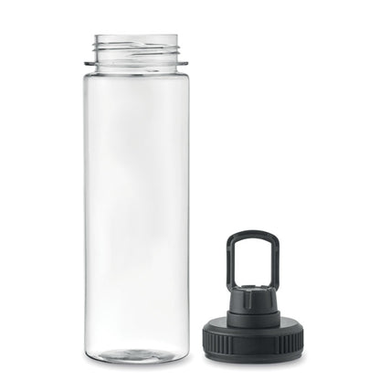 Botella transparente con tapa negra al lado