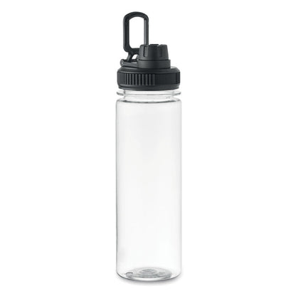 Botella RPET transparente con tapa negra y asa