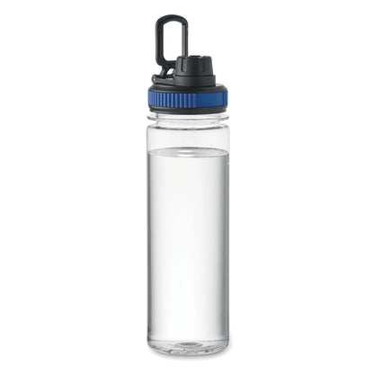 Vista lateral Botella RPET transparente con tapa azul y asa