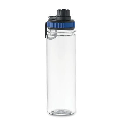 Vista lateral Botella RPET transparente con tapa azul y asa
