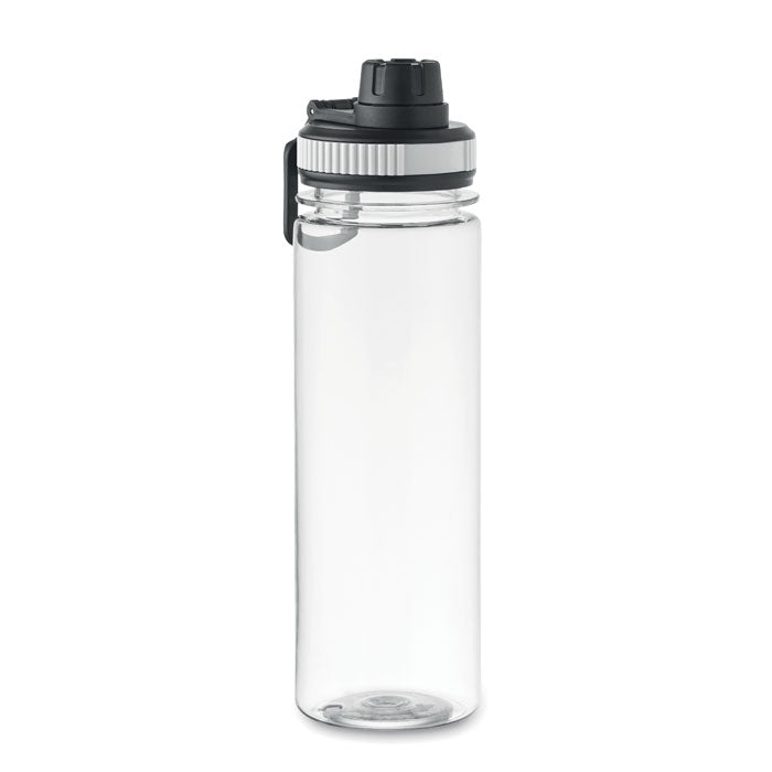 Botella RPET transparente de 750 ml con tapa negra, ideal para líquidos no gaseosos.