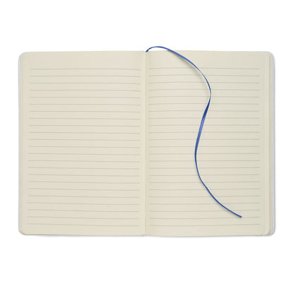 Libreta abierta con hojas a la vista y marcapáginas azul