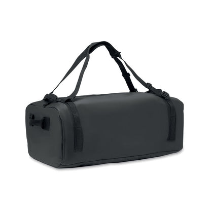 Bolsa de deporte negra de lona con asa de transporte en la parte lateral y superior y con cinta bandolera ajustable y desmontable