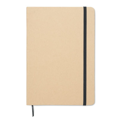 Vista frontal de libreta con cubiertas de cartón, marcapáginas y goma color negro