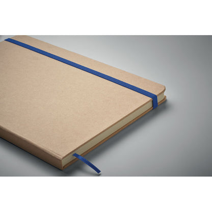 Libreta de tapas de cartón personalizada con logotipo brillante negro en parte inferior y con goma de cierre azul