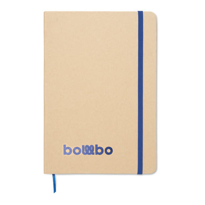 Libreta de tapas de cartón personalizada con logotipo brillante azul en parte inferior y con goma de cierre azul