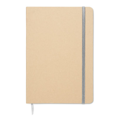 Vista frontal de libreta con cubiertas de cartón, marcapáginas y goma color gris