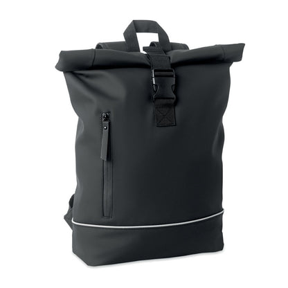 Mochila negra con cierre rolltop para portátil de 15'' con banda reflectante y bolsillo frontal impermeable con cremallera. 