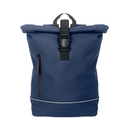 Mochila con cierre enrrollable azul con detalle blanco en parte inferior