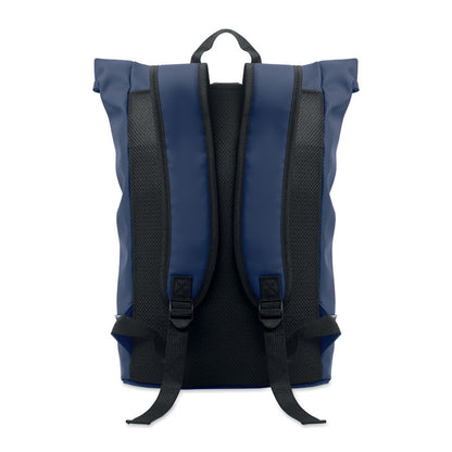 Parte trasera de mochila azul con cierre roll up 