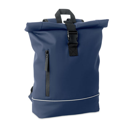 Mochila azul con cierre rolltop para portátil de 15'' con banda reflectante y bolsillo frontal impermeable con cremallera. 