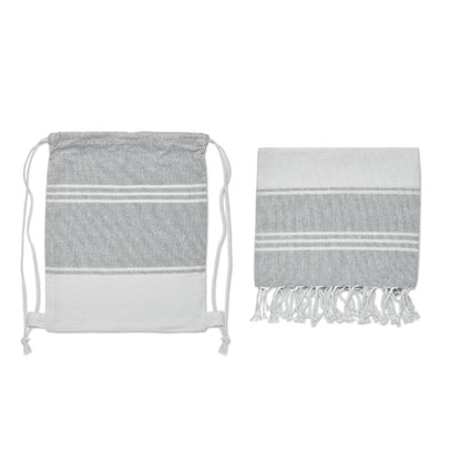 Bolsa de cordones gris y blanca de algodón con toalla con flecos del mismo diseño