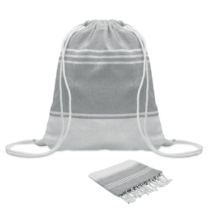Set de toalla de playa hammam blanca y gris con bolsa con cierre de cuerda a juego