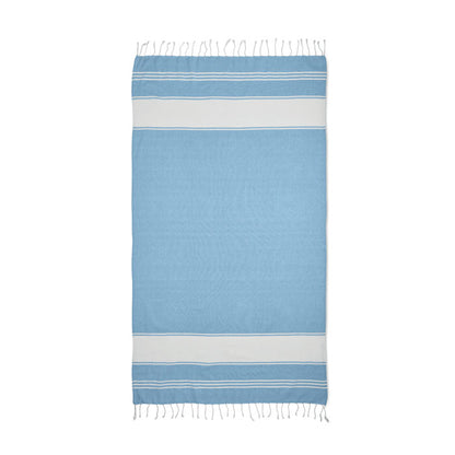 Toalla azul celeste con rayas blancas y flecos tipo hammam