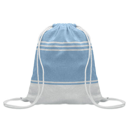 Mochila con cierre de cordones de rayas azul celeste y blancas