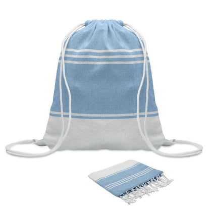 Set de toalla de playa hammam blanca y azul celeste con bolsa con cierre de cuerda a juego