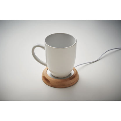 taz mug blanc sobre calienta tazas de bambú con USB