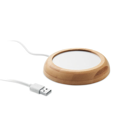 Vista lateral de calentador de tazasde bambú con USB