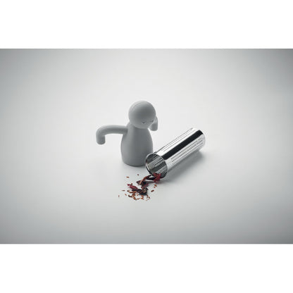 Infusor de té de acero abierto, tapa con forma de muñeco gris