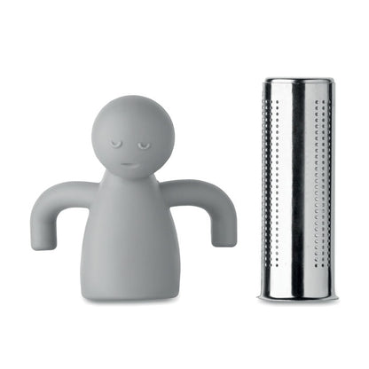 2 piezas de infusor de té, una de acero y la otra con forma de muñeco gris