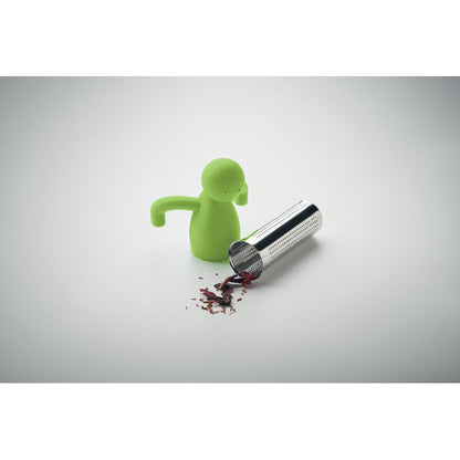 Infusor de té de acero abierto, tapa con forma de muñeco verde