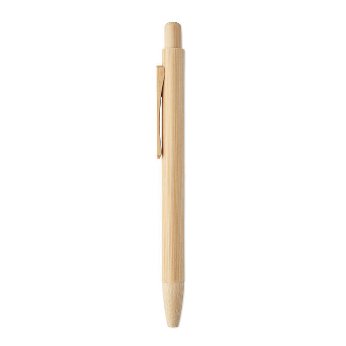 Bolígrafo automático de bambú con clip, punta y cuerpo en acabado natural. Ideal para uso diario. MAMBO - Bolígrafo automático Bamboo.