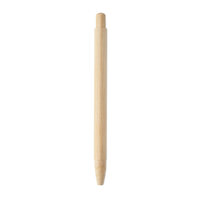 Bolígrafo automático Bamboo de acabado en bambú, diseño elegante y minimalista, vista lateral del producto.