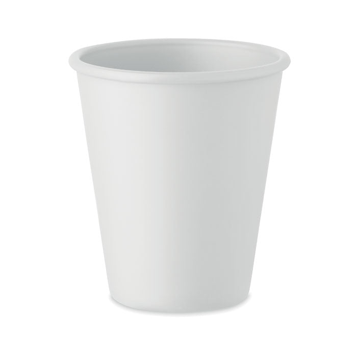 Vaso simple de color blanco en PLA de maíz, ideal para bebidas, diseño reutilizable con capacidad de 200 ml.