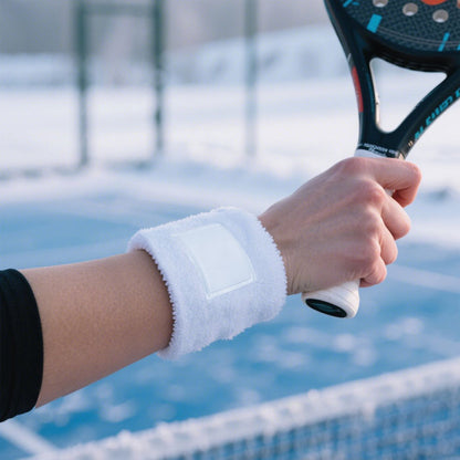 Jugador de tenis con muñequera blanca puesta en su brazo