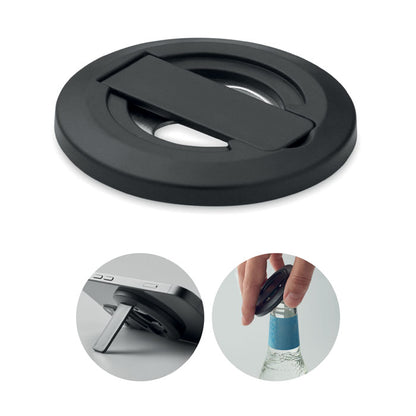 Soporte de móvil negro con abrechapas