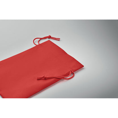 Vista superior lateral de detalle de cierre de bolsa roja pequeña con cierre de cuerdas