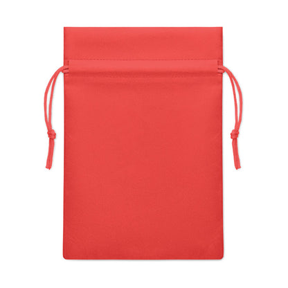 Vista frontal de saco de RPET con cuerdas para cerrar. rojo
