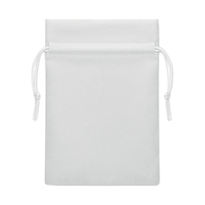 Vista frontal de saco de RPET con cuerdas para cerrar. Blanco