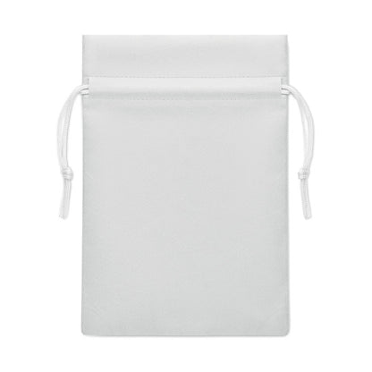Vista frontal de saco blanco de RPET con cuerdas para cerrar