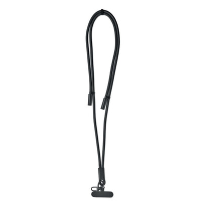 Vista lateral de lanyard negro con cable de carga