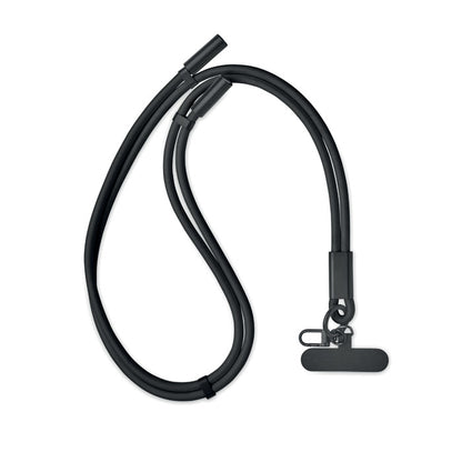 Vista frontal de lanyard negro con cable de carga
