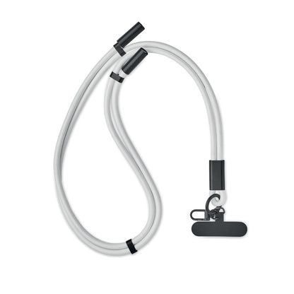 Vista frontal de lanyard blanco con cable de carga