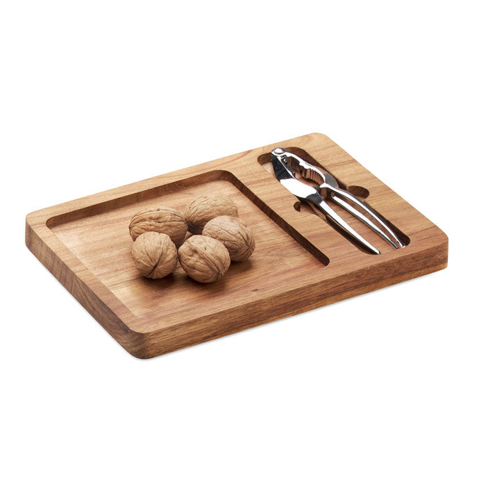 NUTPLATE - Set cascanueces de acacia con plato de madera y nueces en la imagen.