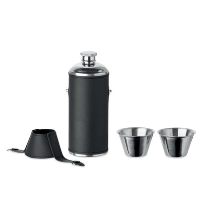 Petaca circular negra con 2 vasitos de acero inox. y tapa al lado